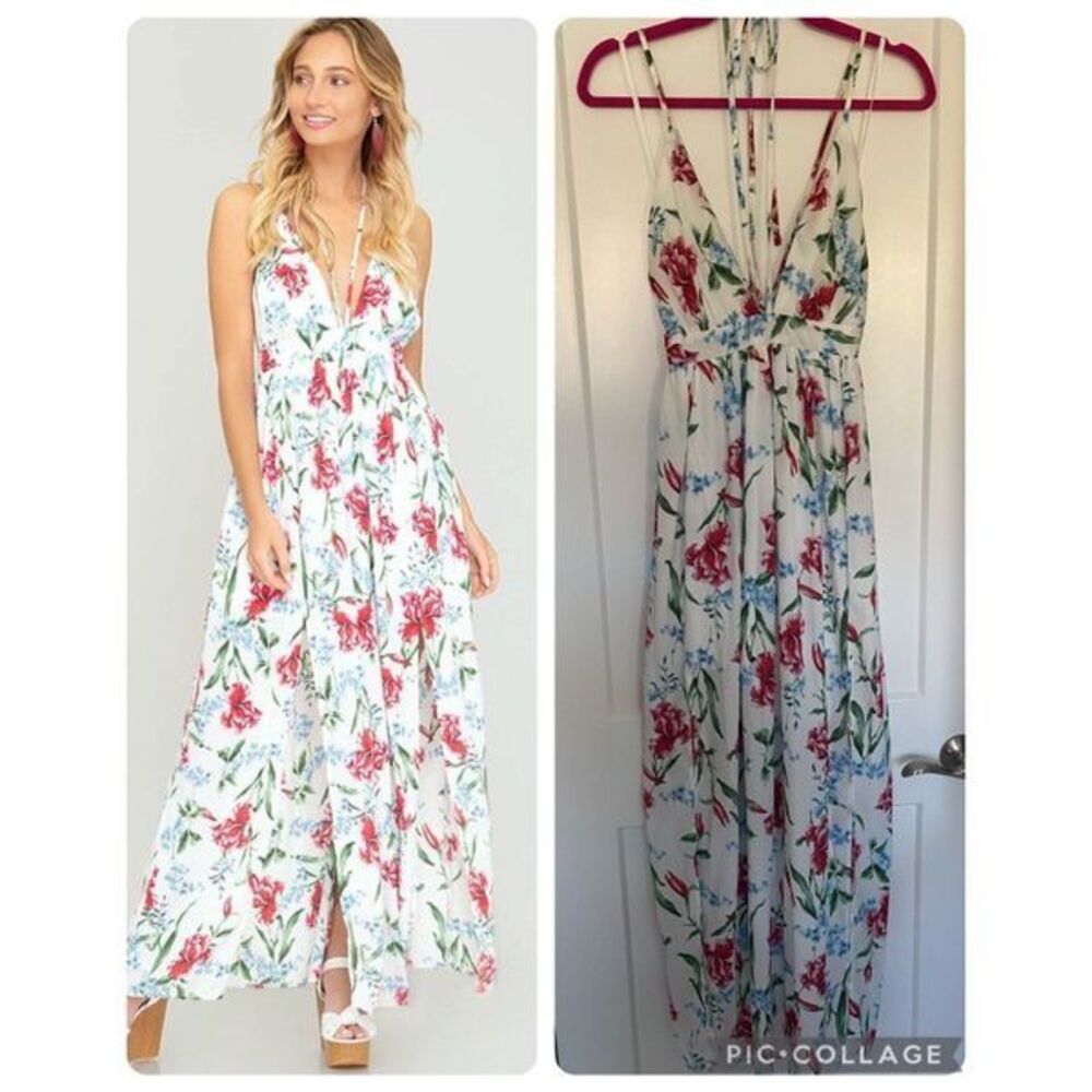 WHITE FLORAL MAXI DRESS WITH CRISS CROSS BACK | Like New | Size: Small